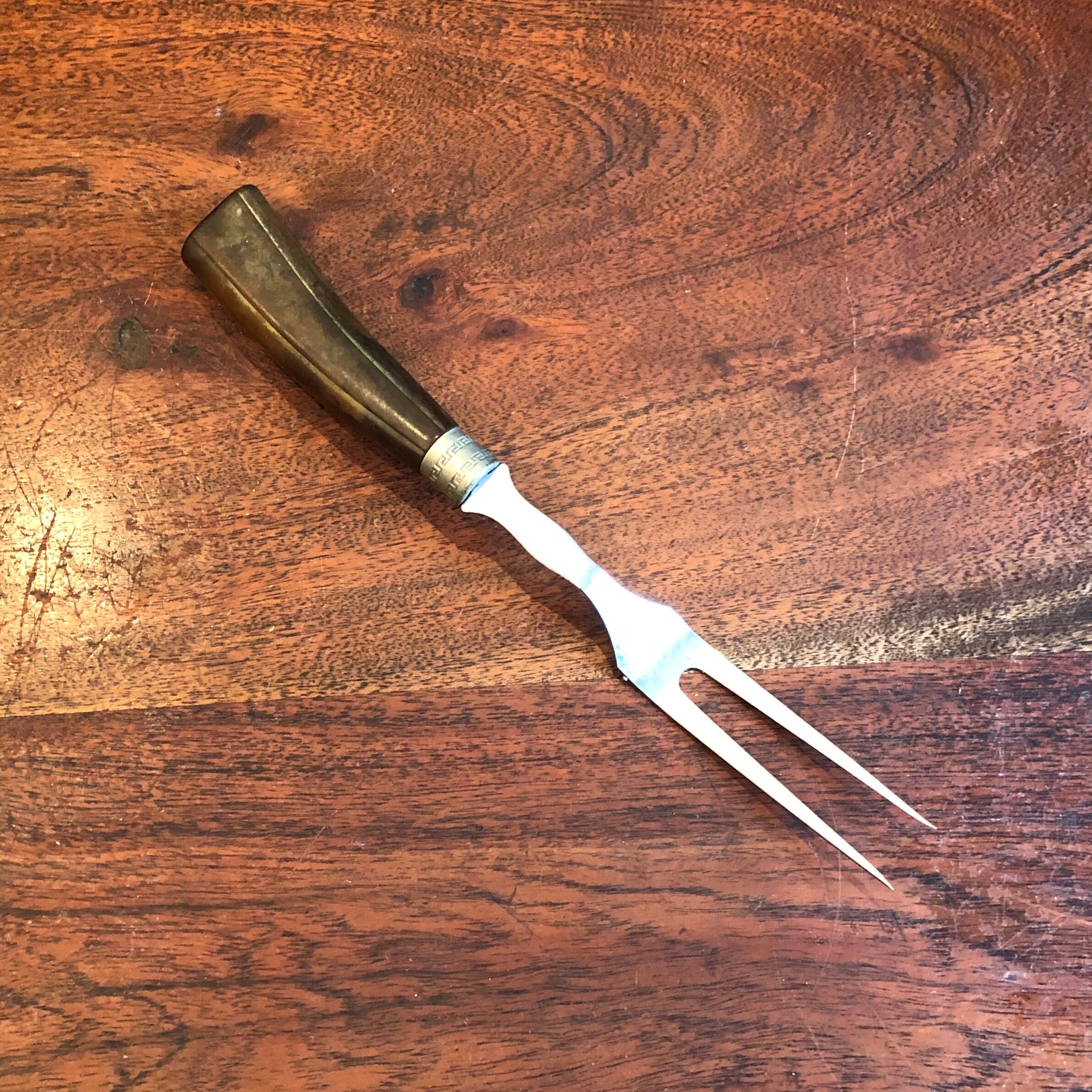 Antique 1930's Art Deco Dark Brown Bakelite & Stainless Steel Meat Carving Fork with Greek Key Design - 1930s Art Deco Tableware Utensil