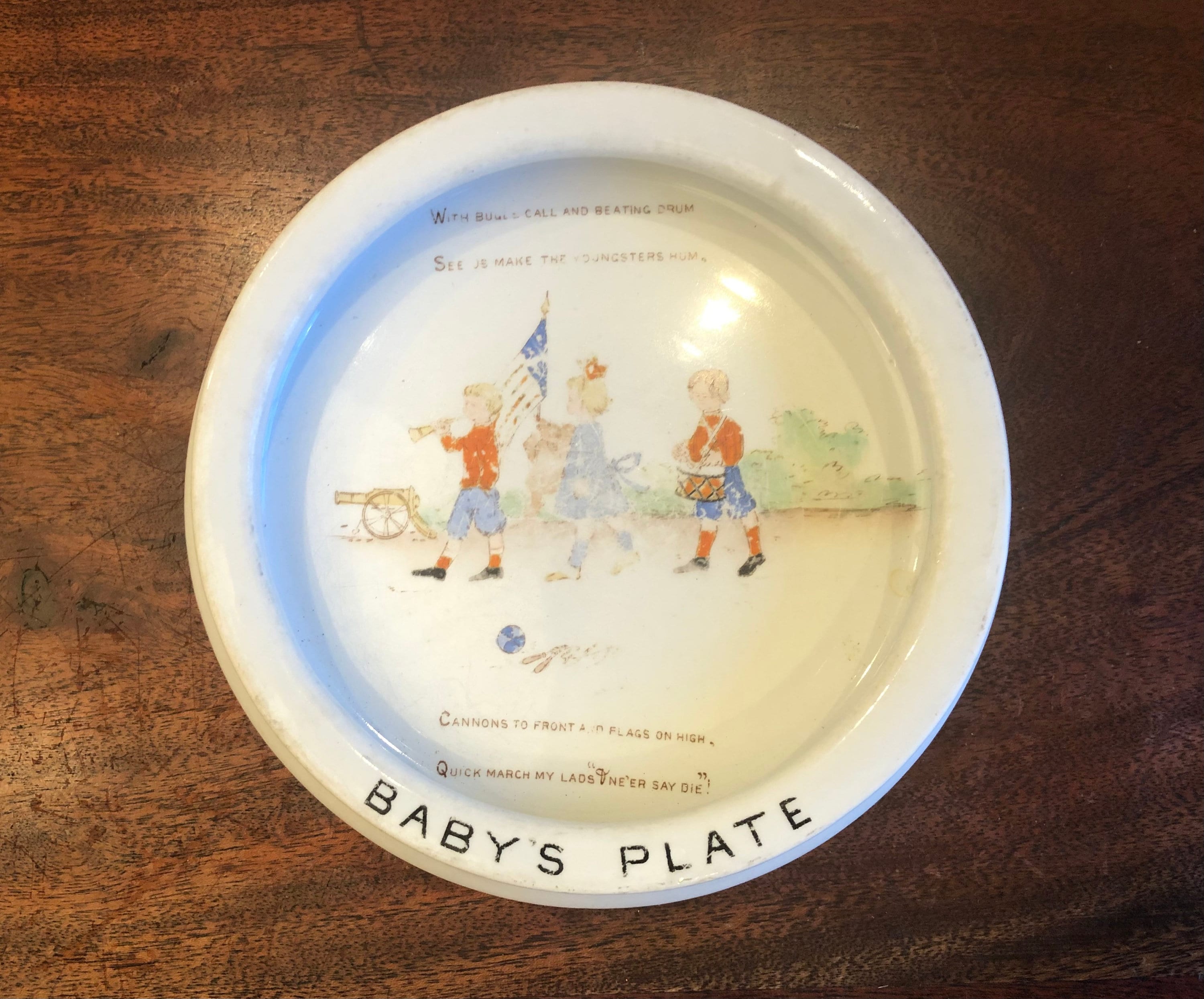 Antique Early 1900's English The Foley Semi-Porcelain Baby Plate with Patriotic Marching Children's Band - Vintage Baby's Plate