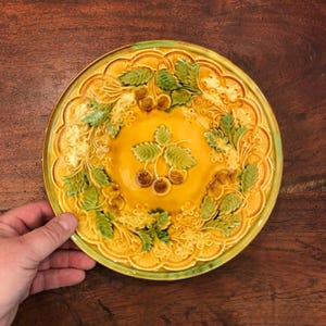 Vintage Majolica 9-7/8&quot; Glazed Ceramic Bowl with Cherries & Leaves Relief - No. 49