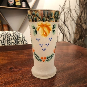 Mid Century Hand Painted Glass Vase with Flowers - Vintage Small Glass Vase - Vintage Botanical Decor - Garden Room Decor -