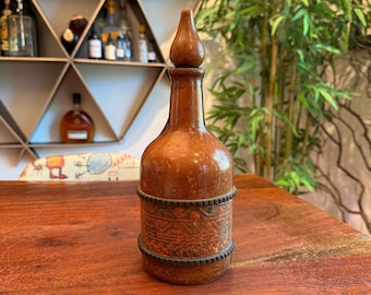 Vintage 1960&#39;s Italian Signed Glass & Weathered Embossed Genuine Leather Liquor Decanter - Made in Italy - Mid Century Barware Bar Decor