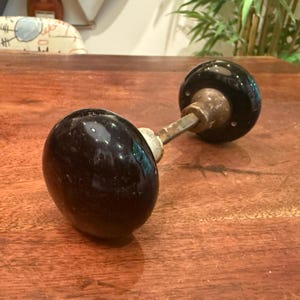 Antique 1800s Victorian Black Porcelain & Brass Door Knobs by Corbin - Vintage 19th Century Home Restoration Hardware Farmhouse Home Decor