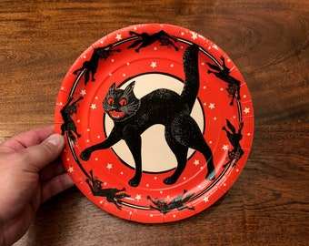 Vintage Halloween Black Cat Mid Century Reproduction Paper Plate - 9.25" wide - Vintage Halloween Decor - Vintage Halloween Decoration