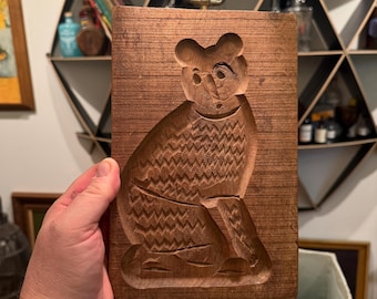 Antique Primitive Solid Oak Cat Speculoos Cookie Mold Wall Hanging - Springerle Pennsylvania Dutch Decor - Vintage Kitty Cat Kitchen Decor