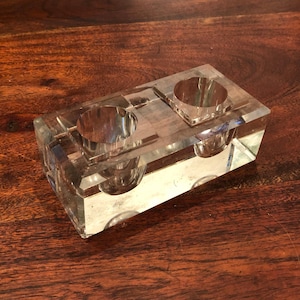 Antique Solid Clear Glass Double Hole Inkwell - Vintage Victorian Desk Office Decor - Pen & Ink Writing Accessories - Writer&#39;s Gift