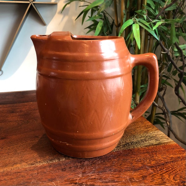 Antique 1940's UHL Pottery Co. Reddish Brown Stoneware Barrel Shaped Pitcher - Vintage 40's Farmhouse Farm Kitchen Decor - Old Jug