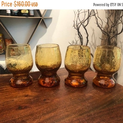 Sale Mid Century Modern Blenko shops Hand Blown Set of 4 Heavy Amber Crackle Glass Drinking Goblets with Pontil - 22 oz. Blenko Hand Made Glasses