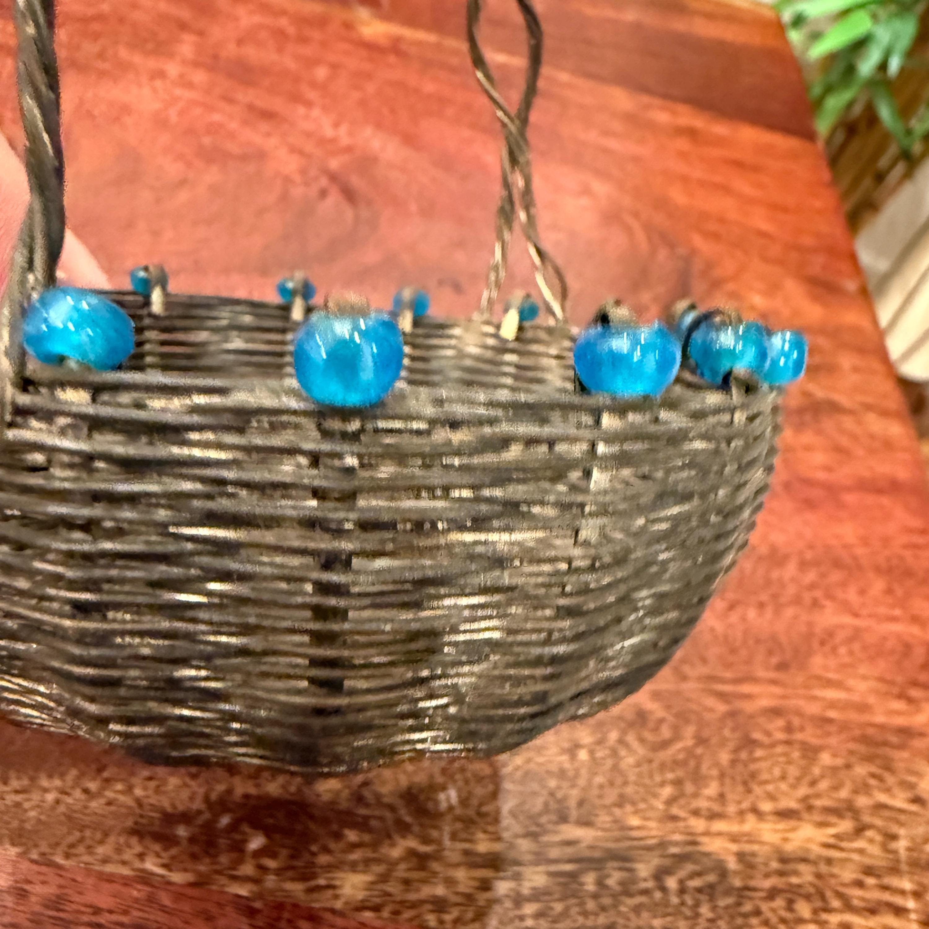 アンティーク 1800年代 ドイツ製 銀メッキ 編み込みメタル＆ブルー