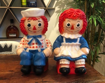 Set of 2 Vintage c. 1972 Raggedy Ann & Raggedy Andy Unbreakable Non-Toxic Thick Plastic Piggy Banks by Bobby-Merrill Co. for Play Plastics