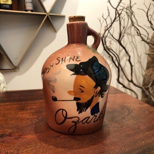 Mid Century Paw Moonshine Ozarks Souvenir Ceramic 36 oz. Liquor Decanter with Cork Stopper - Vintage Hillbilly Mountain Folk Bottle Barware