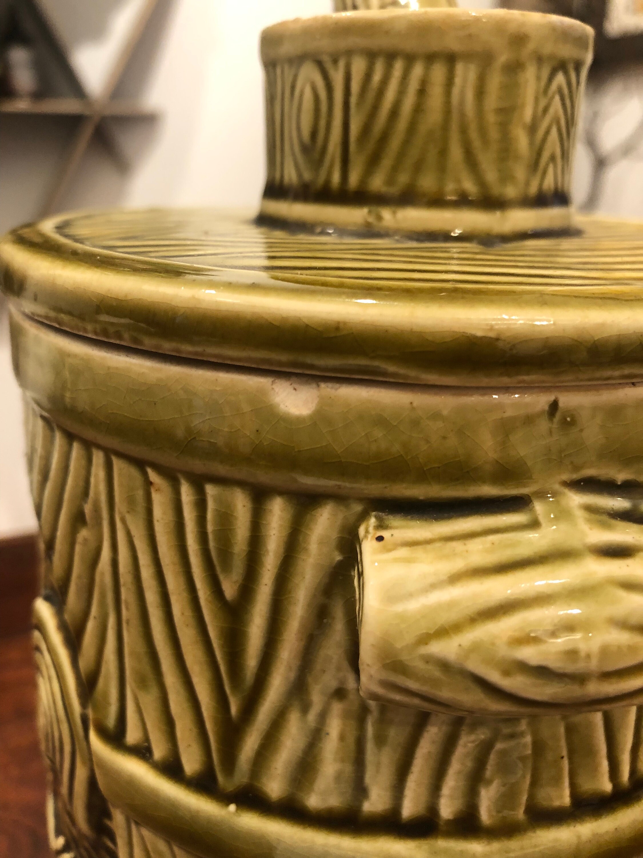 Vintage 1960's Olive Green Ceramic Butter Churn With Rooster
