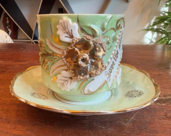 Antique German Souvenir Love the Giver Mint Green and Gilt Gold 8