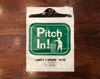 Vintage 1970's PITCH IN! Campaign Plastic Bag from Larry's Standard Service in Kansas City Kansas - Vintage Pitch In Pop Art Decor