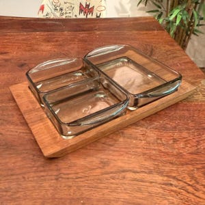 Mid Century 1960&#39;s DENMARK Kastrup Holmegaard Divided Glass & Teak Serving Condiment Tray - Snack Dish - 60&#39;s MCM Danish Modern Home Decor