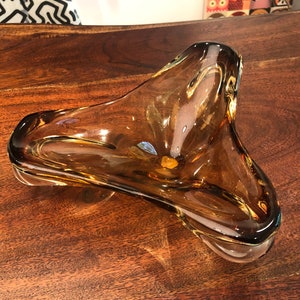 Mid Century Hand Made Venetian J.I. Co. Amber Murano Glass Tricorn Bowl - Mid Century Venetian Glass - Vintage Italian Glass