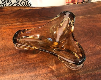 Mid Century Hand Made Venetian J.I. Co. Amber Murano Glass Tricorn Bowl - Mid Century Venetian Glass - Vintage Italian Glass
