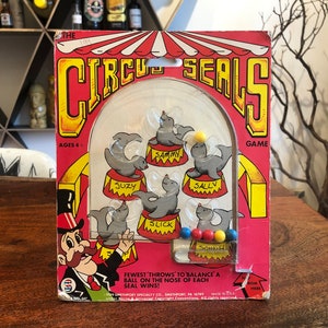 Vintage c. 1989 Circus Seals Flip Toy Game di Smethport Special Co. - Età 4+ - Gioco giocattolo Flip Ball anni &#39;80 - Decorazione Circus Trick Seals