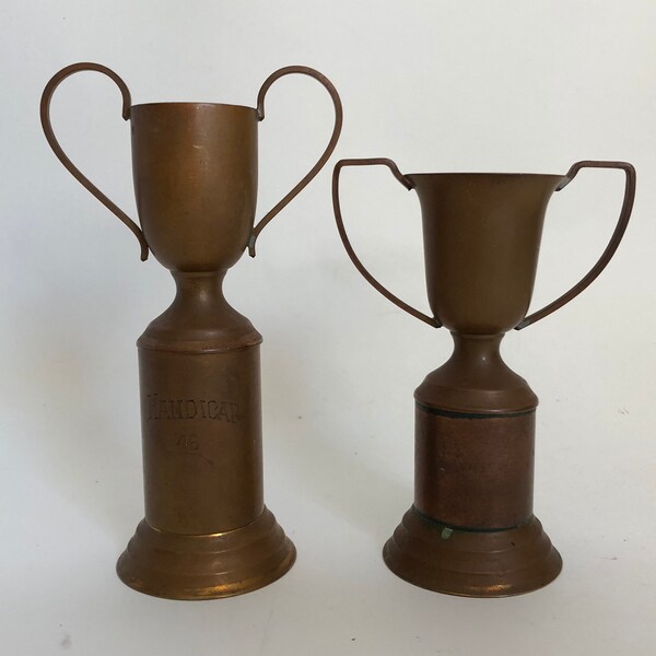 Vintage c. 1946 Set of 2 Solid Copper Miniature Sports Trophies - Antique Trophy