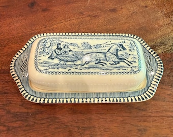 Vintage c. 1950 - 1970 Royal China Currier & Ives Covered Butter Dish - The Road Winter Pattern - Horse Drawn Sleigh Transferware Pottery