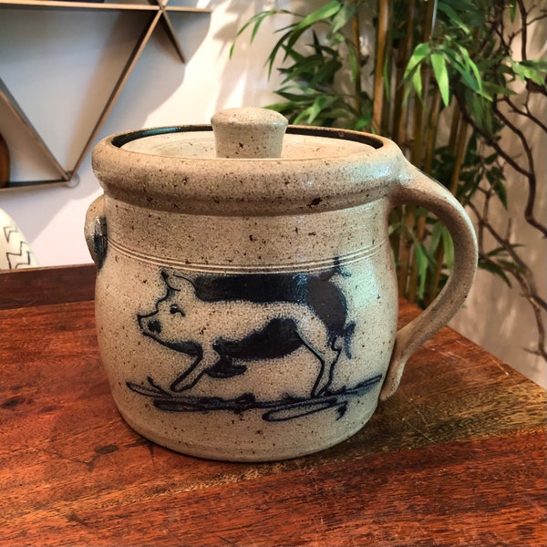 Vintage Handmade Rowe Pottery Works Stoneware Cookie Jar / Bean Pot with Hand Painted Galloping Pig - Farmhouse Farm Kitchen Home Decor