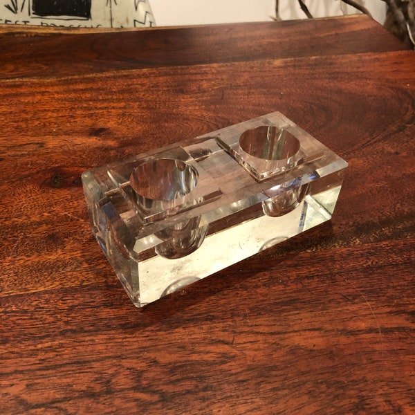Antique Solid Clear Glass Double Hole Inkwell - Vintage Victorian Desk Office Decor - Pen & Ink Writing Accessories - Writer's Gift