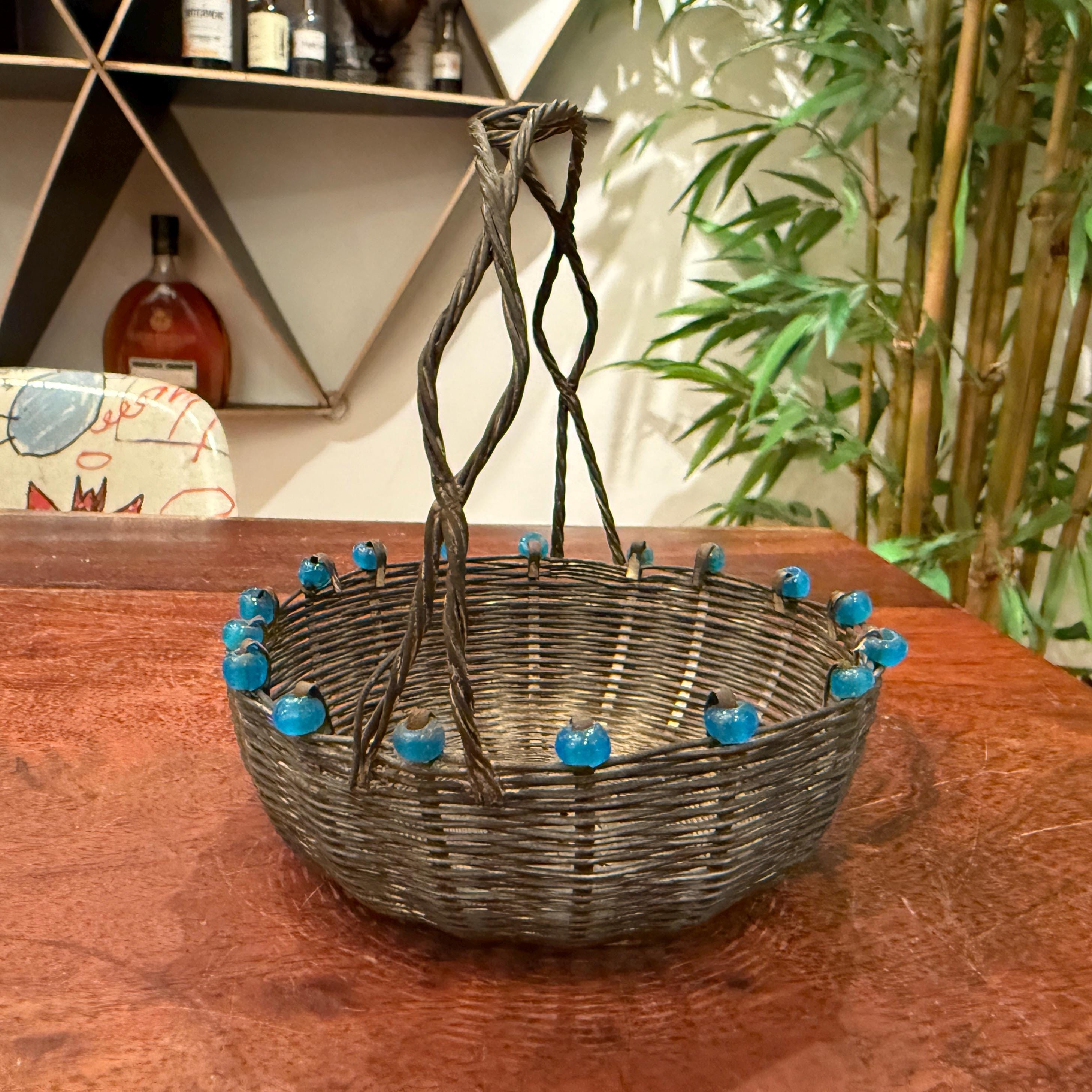 アンティーク 1800年代 ドイツ製 銀メッキ 編み込みメタル＆ブルー