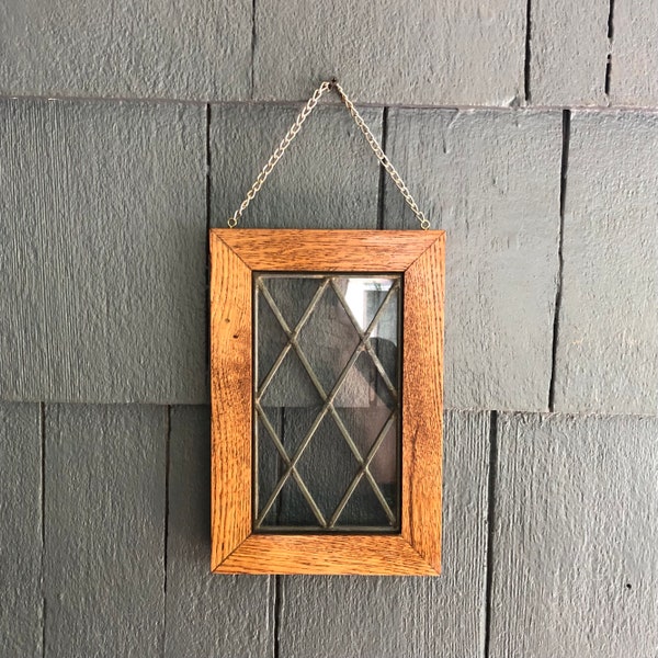Antique Harlequin Diamond Shaped Leaded Glass Decorative Window or Door with Solid Oak Frame - Vintage Cottage Chic Home Decor Wall Hanging