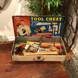 Mid Century 1960's American Tool Chest Set for the Junior Carpenter with Nine Tools - Metal Toolbox - Vintage Children's Carpentry Set