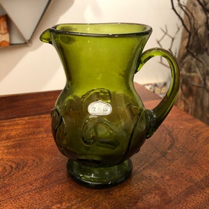 Vintage Hand Blown Rainbow Glass Green Glass 5-7/8&quot; tall Pitcher with Sticker & Pontil - Vintage Rainbow Glass Pitcher