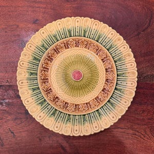 Antique c. 1900 German Black Forest Art Pottery 11-1/8&quot; Majolica Floral & Ferm Plate - Made in Erphila Germany - Vintage German Dish