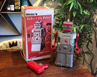 Mid Century c. 1954 Ideal's Robert The Robot with Remote Control in Box - Voice Works Remote Doesn't - Vintage 1950's Futuristic Space Toy