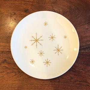 Assiette plate Mid-Century moderne Star Glow by Royal China 10,25 po. en céramique émaillée Starburst - MCM or et blanc Atomic Space Age Home Decor