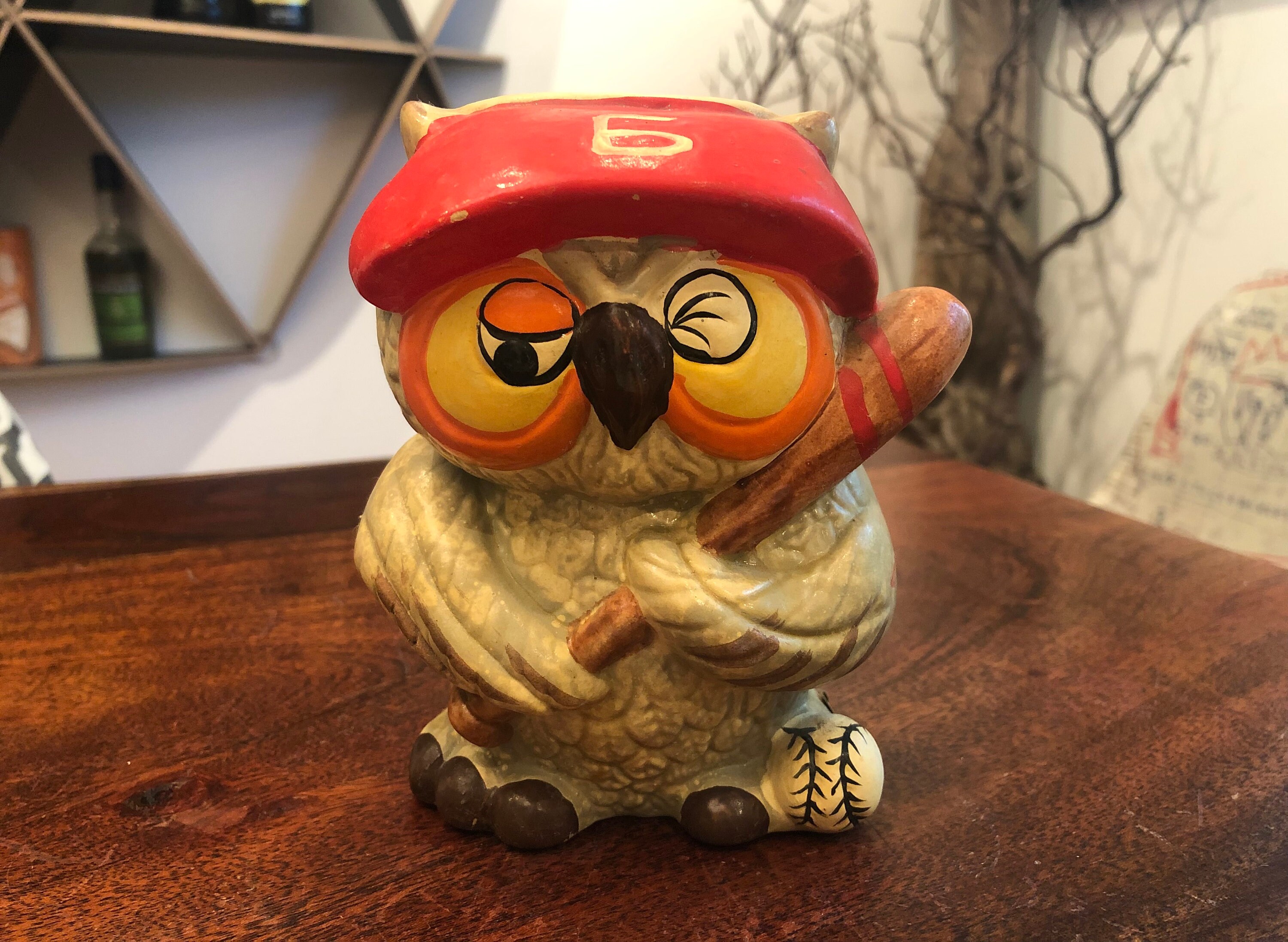 ヴィンテージ 1970 年代 陶器製 野球選手 フクロウ 貯金箱 エネスコ製