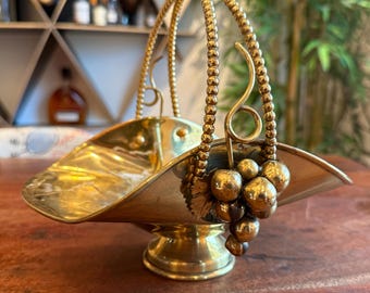 Mid Century Italian Gold Brass Basket with Grapes - Made in Italy - Vintage Catch-All / Fruit Bowl - Hollywood Regency Home Decor