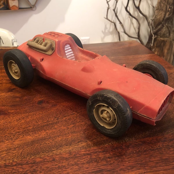 Vintage c. 1963 V-RROOM! Red Race Car Toy by Mattel - Many Broken Parts - Mid Century 1960's Racing Car Toy - Vintage Racing Decor