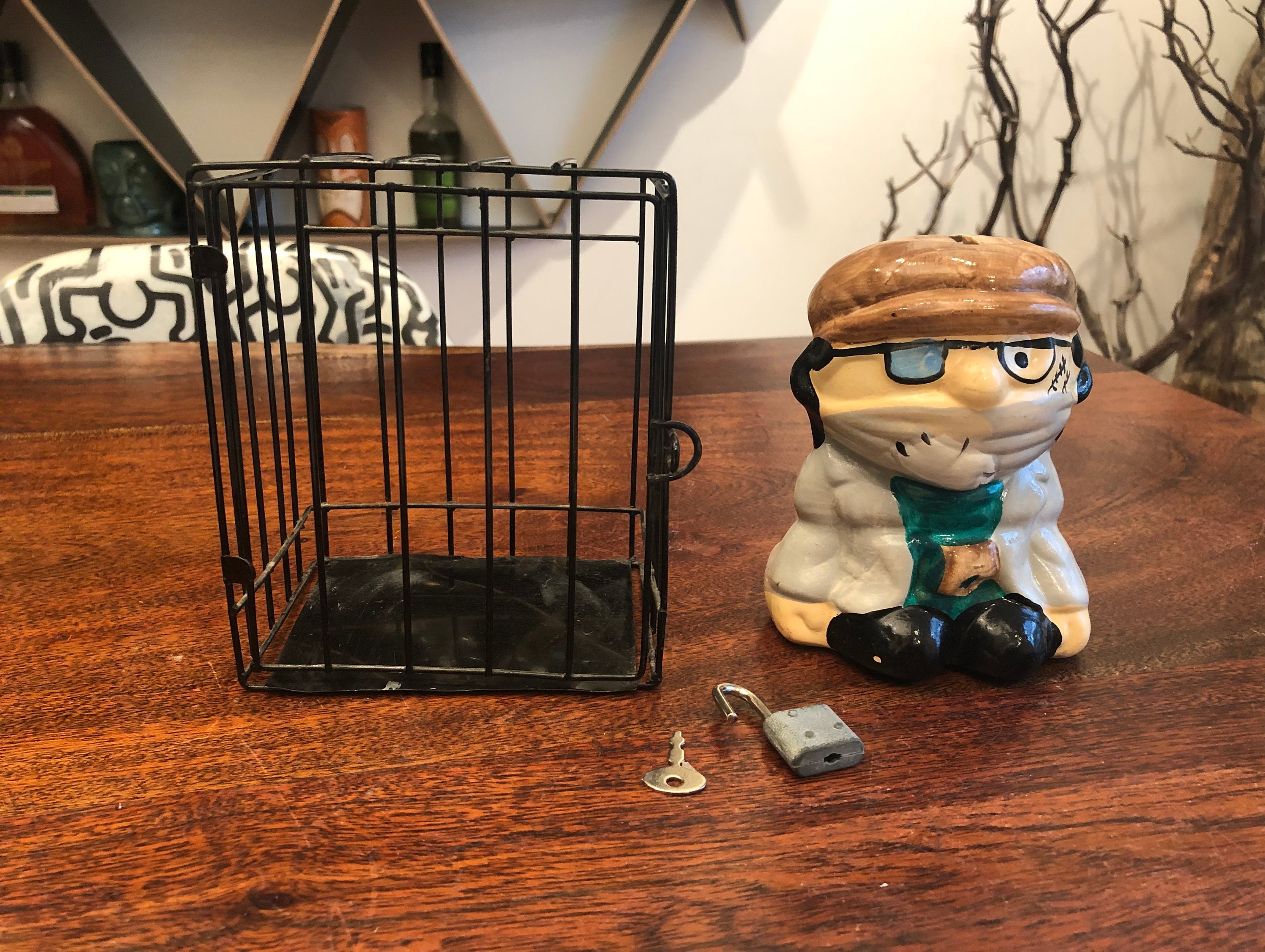 Vintage 1970's Burglar in Jail Cell Piggy Bank With Lock & Key