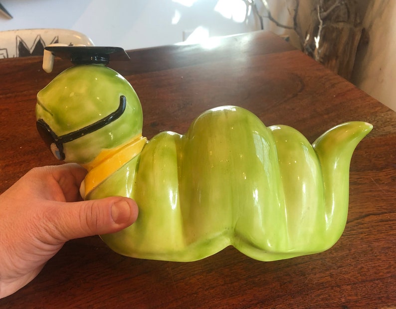 Vintage 1970s Hand Painted 10.75" Ceramic Bookworm Statue - Inchworm ...