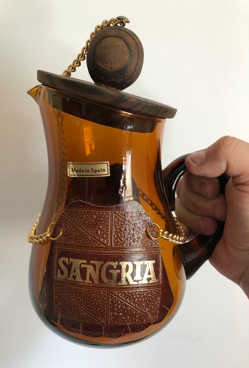 Sale Vintage 1970/'s Spanish Amber Glass /& Wood Sangria Pitcher and Glass Set Made in Spain Vintage Barware
