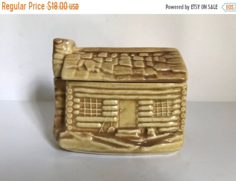 Sale Mid Century Ceramic Pottery Log Cabin Cookie Jar Etsy