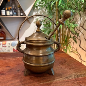 Antique Heavy Solid Brass Colonial Reproduction Fire Starter Smudge Pot with Stone Wand - Fireplace Hearth Accessories Early American Decor