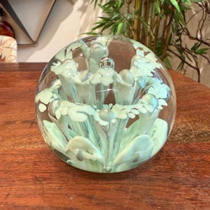 Vintage Clear Glass Orb Paperweight with Light Blue Stylized Flower Design - Desk Office Accessories - Hand Blown Art Glass Figurine
