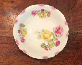 Antique German P K Silesia Porcelain 8-7/8" Transferware Serving Bowl with Yellow & Pink Roses - Made in Germany Cottage Chic Floral Decor