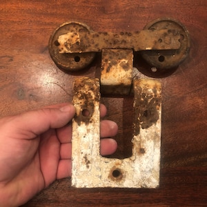 Antique Weathered Barn Door Iron Bracket Mechanism with Roller Wheels - Antique Industrial Decor - Vintage Farmhouse Farm Decor