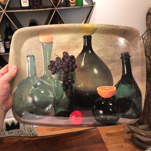 Vintage 1960&#39;s Fiberglass Serving Tray with Glass Bottle Still Life - Vintage Fiberglass Bar Tray - Mid Century Glass - Lap Tray