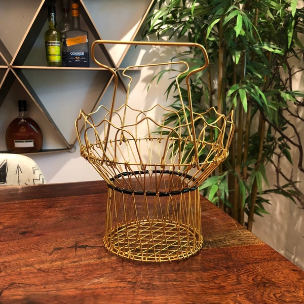 Mid Century French 1960's Magic Basket by Erdecor Escaut Collapsible Gold Metal Wire Egg Basket - Vintage Farmhouse Farm Kitchen Home Decor