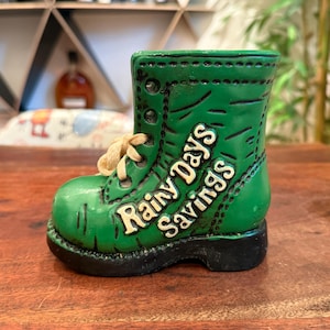Vintage 1970s Kelly Green Rainy Days Savings Ceramic Shoe / Boot Piggy Bank - 70s Kid's Children's Child's Room Decor - Kitschy Home Decor