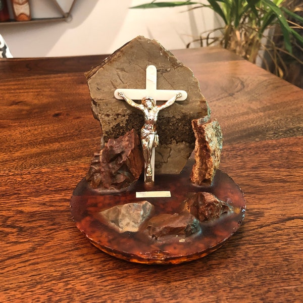 Mid Century Petrified Wood Fossil Rocks & Acrylic Sculpture with Crucifix Souvenir from the Petrified Forest National Park in Arizona