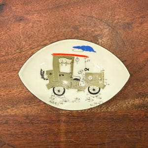 Mid Century Austrian Enamelware Hand Painted Automobile Ring Dish / Trinket Bowl / Ashtray by Steinbock - Antique Car Vehicle Art Austria