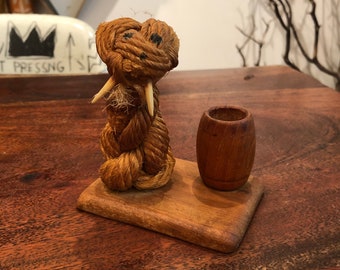 Mid Century 1960's DENMARK Danish Modern Braided Natural Rope Walrus & Teak Wood Toothpick / Match Holder by Jorgen Bloch and Kay Bojesen