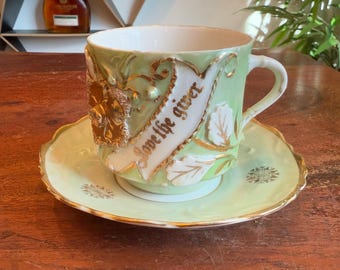 Antique German Souvenir Love The Giver Mint Green and Gilt Gold 8 oz. Teacup & Saucer with Floral Relief - Made in Germany - Victorian Decor
